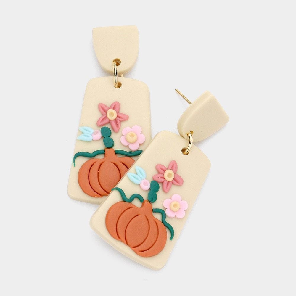 New Womens Boutique Flower Pumpkin Accented Polymer Clay Dangle Earrings